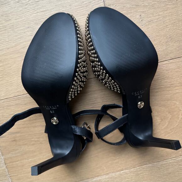 Cecelia New York Birdie Heels Sz 8.5 Black Gold Studded Peep-Toe Ankle Strap - Picture 9 of 13